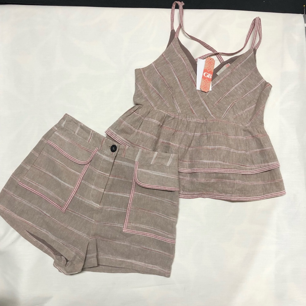 GB khaki and red stripe linen peplum top short set
